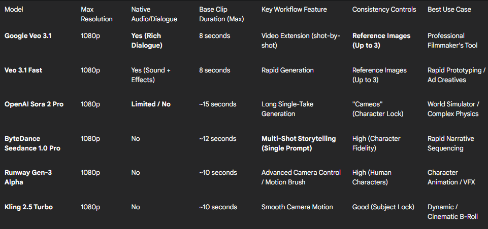 AI Video Model Comparative Feature Matrix